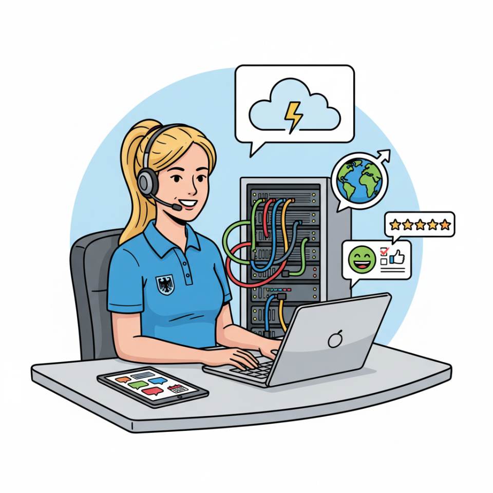 Comic-Darstellung einer Kundenservice-Mitarbeiterin mit Headset am Schreibtisch vor Laptop und Ticket-System