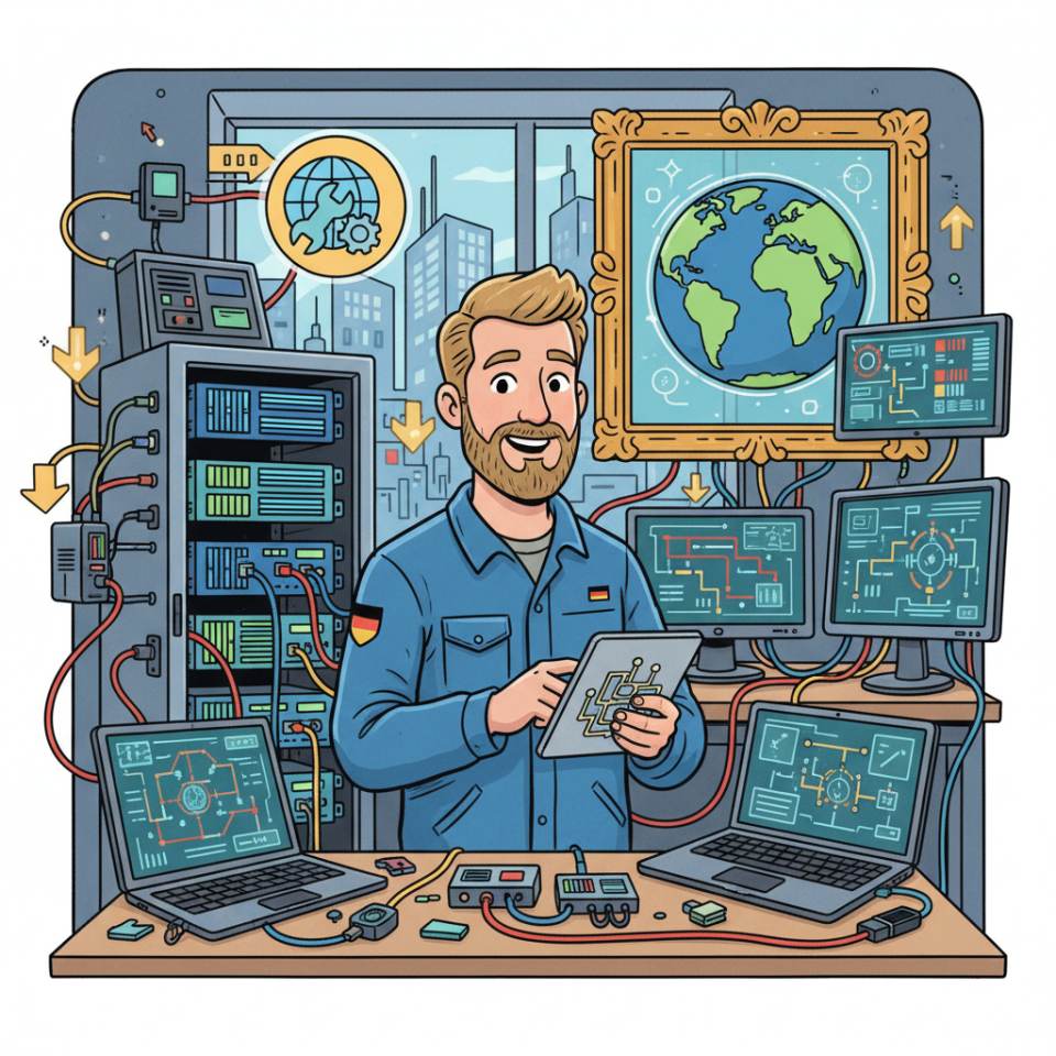 Comic-Darstellung eines Servicetechnikers mit Werkzeug und Diagnosegerät bei der Wartung einer Anlage beim Kunden