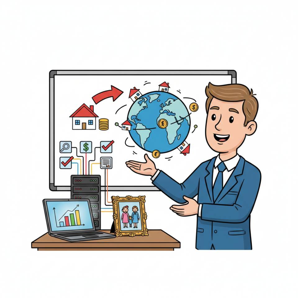 Comic illustration of a real estate agent with an exposé and a key ring in front of a single-family home