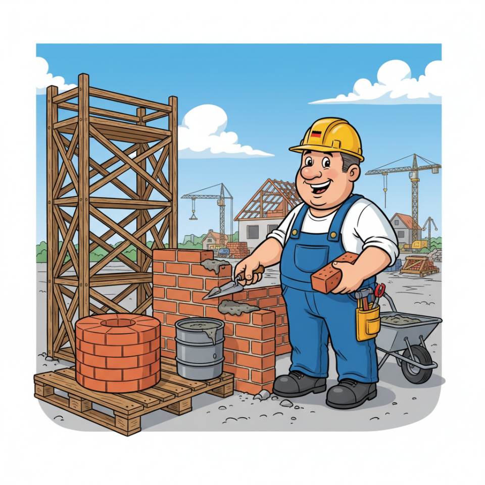 Comic illustration of a bricklayer with trowel and bricks building a wall on a construction site