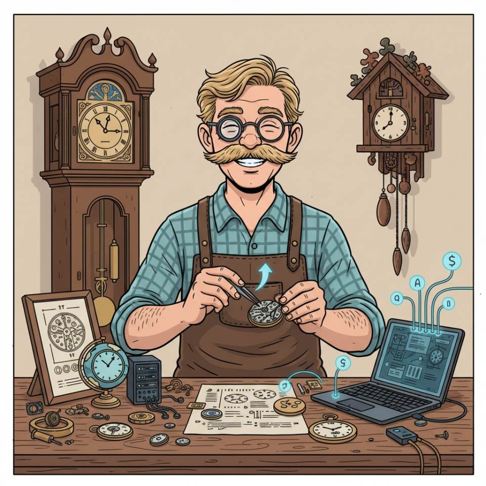 Comic illustration of a watchmaker at the workbench with loupe, tweezers and an open watch movement