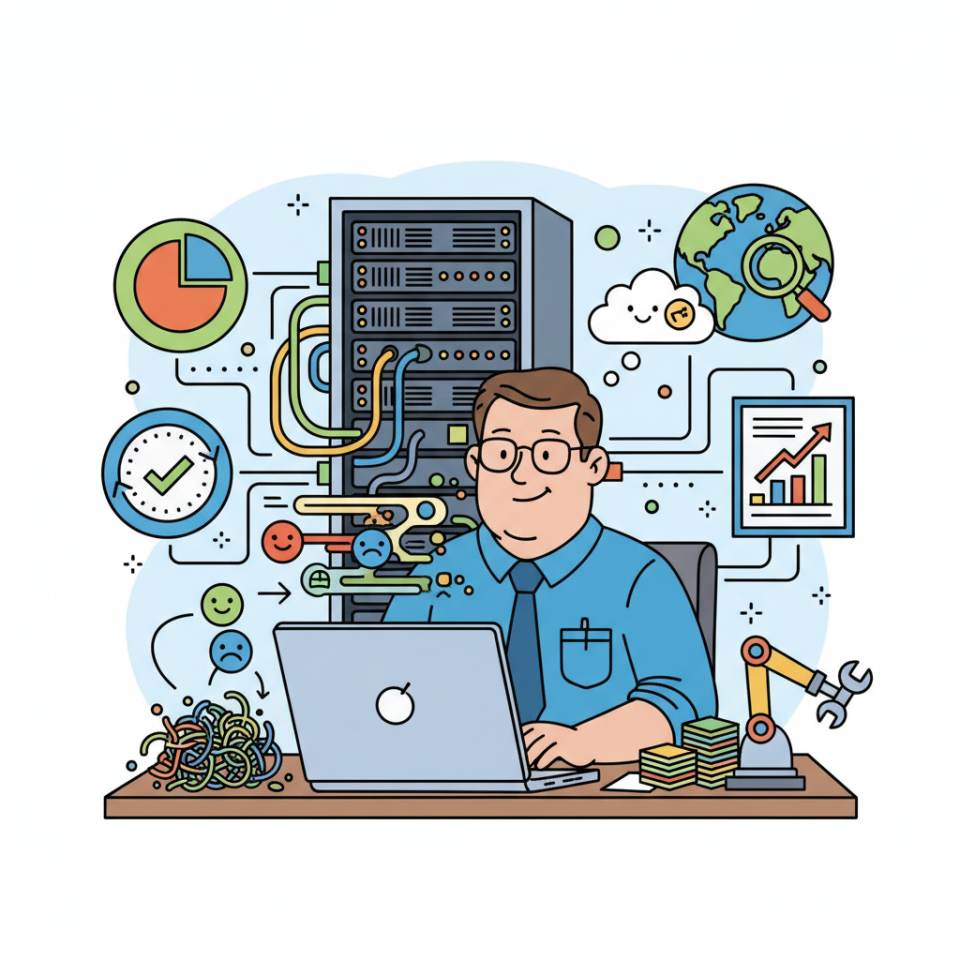 Ilustración cómic de un gestor de calidad de datos con panel, bases de datos, reglas de calidad y listas de comprobación