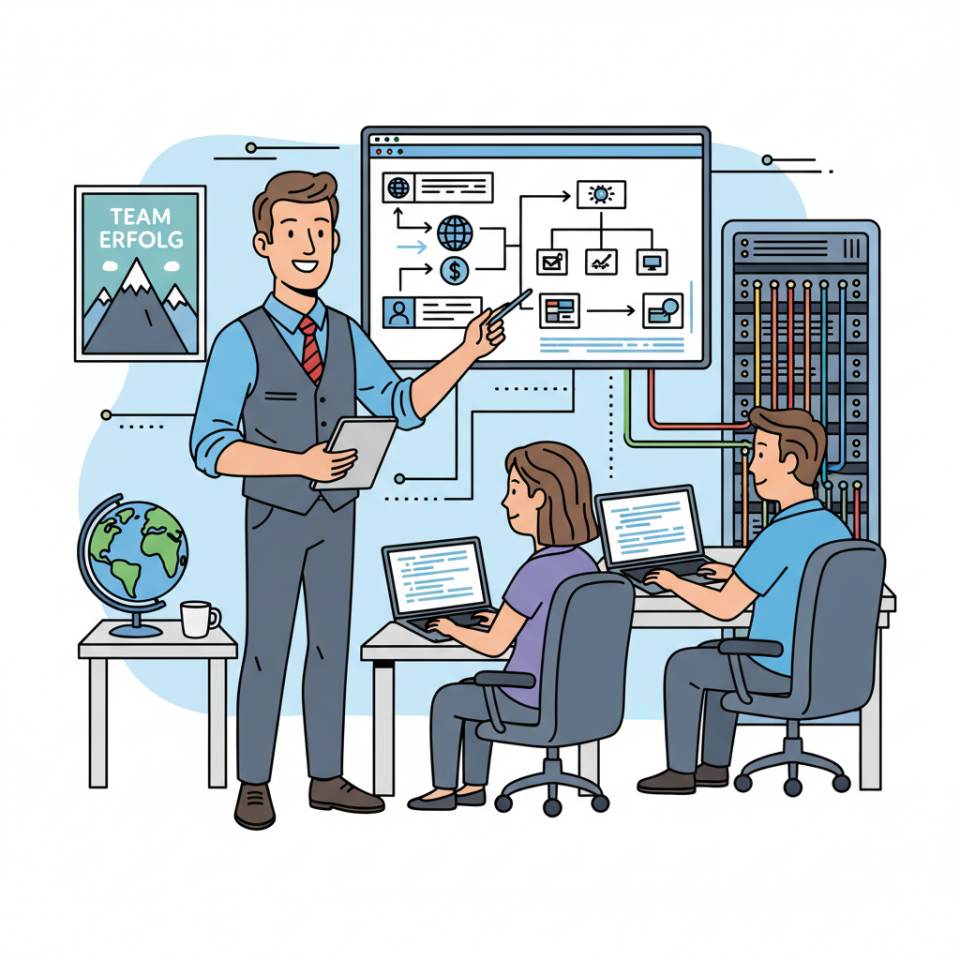 Комикс-изображение тимлида с планшетом при координации задач с командой в современном офисе