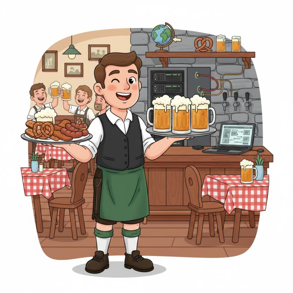 Tepsi, şarap kadehleri ve arka planda kurulu restoran masasıyla garson çizgi roman tasviri